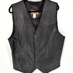 Modal Mens Black Genuine Leather Western Biker Snap Front Vest Large